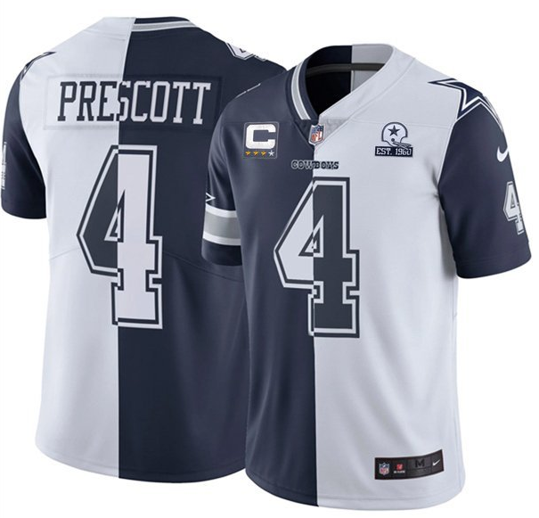 Men's Dallas Cowboys #4 Dak Prescott Navy White Split With C Patch And 1960 Patch Limited Stitched Jersey Men's Dallas Cowboys #4 Dak Prescott Navy White Split With C Patch And 1960 Patch Limited Stitched Jersey